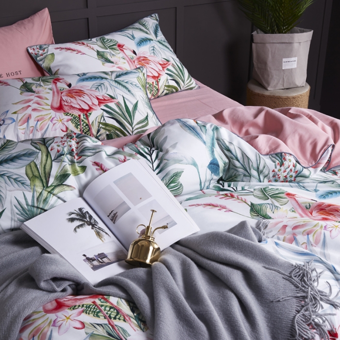 91家纺网 家纺一手货源 找家纺 朵希曼2023新款60S数码长绒棉套件 火烈鸟（粉）