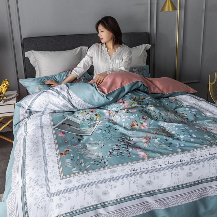 91家纺网 家纺一手货源 找家纺 朵希曼2023新款60S数码长绒棉套件 恋暮阳光-蓝