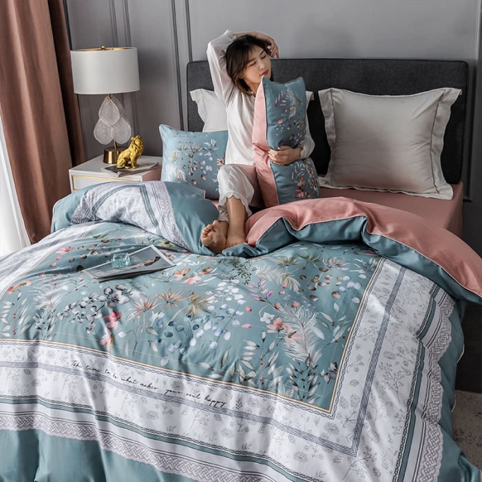 91家纺网 家纺一手货源 找家纺 朵希曼2023新款60S数码长绒棉套件 恋暮阳光-蓝