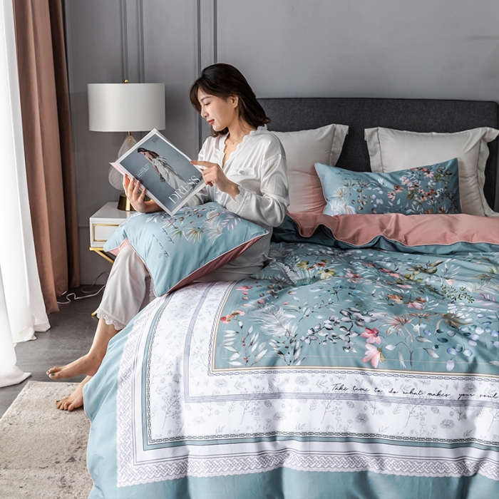 91家纺网 家纺一手货源 找家纺 朵希曼2023新款60S数码长绒棉套件 恋暮阳光-蓝