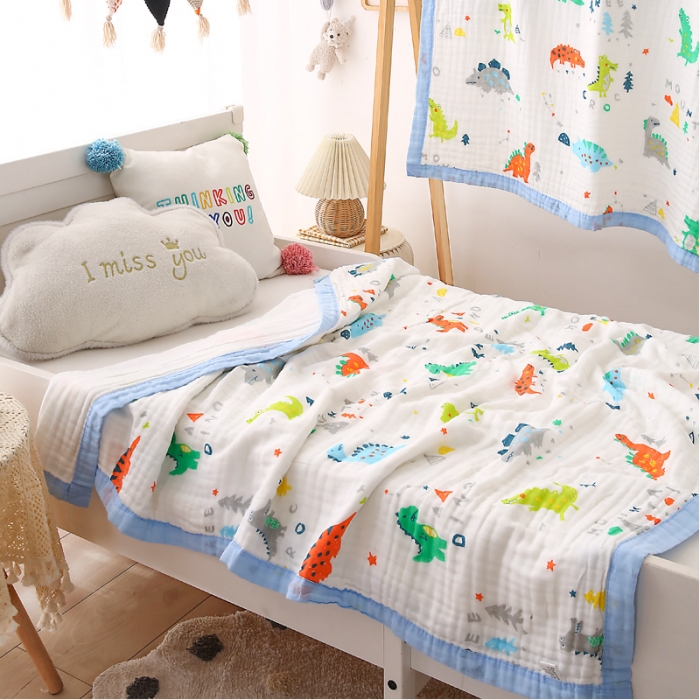 91家纺网 家纺一手货源 找家纺 朴尔 2021年婴幼儿泡泡纱全棉六层纱布盖毯浴巾 恐龙世界