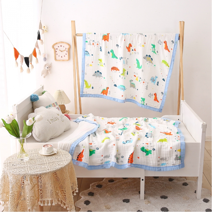91家纺网 家纺一手货源 找家纺 朴尔 2021年婴幼儿泡泡纱全棉六层纱布盖毯浴巾 恐龙世界
