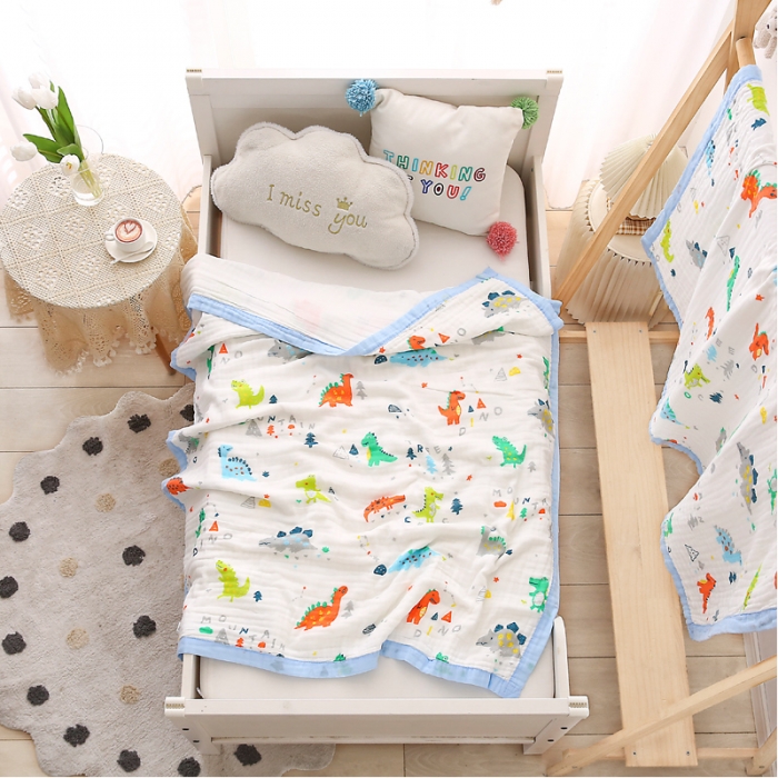 91家纺网 家纺一手货源 找家纺 朴尔 2021年婴幼儿泡泡纱全棉六层纱布盖毯浴巾 恐龙世界