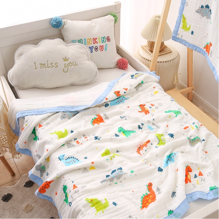 91家纺网 家纺一手货源 找家纺 朴尔 2021年婴幼儿泡泡纱全棉六层纱布盖毯浴巾 恐龙世界