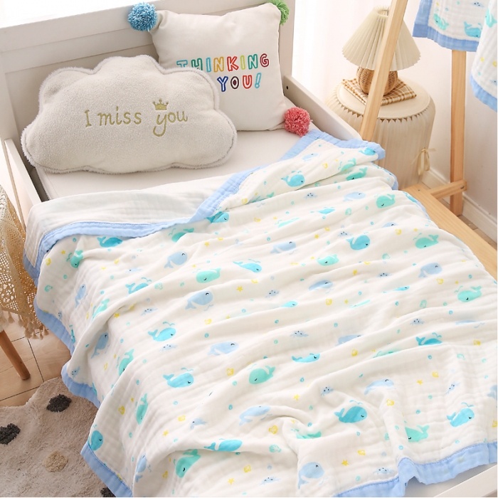 91家纺网 家纺一手货源 找家纺 朴尔 2021年婴幼儿泡泡纱全棉六层纱布盖毯浴巾 快乐鲸鱼