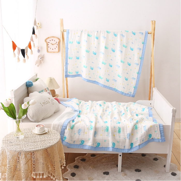 91家纺网 家纺一手货源 找家纺 朴尔 2021年婴幼儿泡泡纱全棉六层纱布盖毯浴巾 快乐鲸鱼