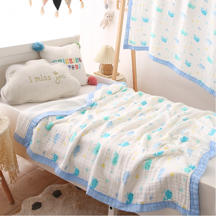 91家纺网 家纺一手货源 找家纺 朴尔 2021年婴幼儿泡泡纱全棉六层纱布盖毯浴巾 快乐鲸鱼