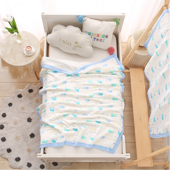 91家纺网 家纺一手货源 找家纺 朴尔 2021年婴幼儿泡泡纱全棉六层纱布盖毯浴巾 快乐鲸鱼