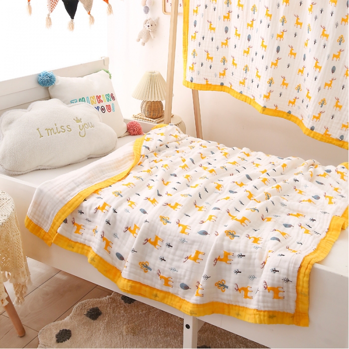 91家纺网 家纺一手货源 找家纺 朴尔 2021年婴幼儿泡泡纱全棉六层纱布盖毯浴巾 梅花鹿