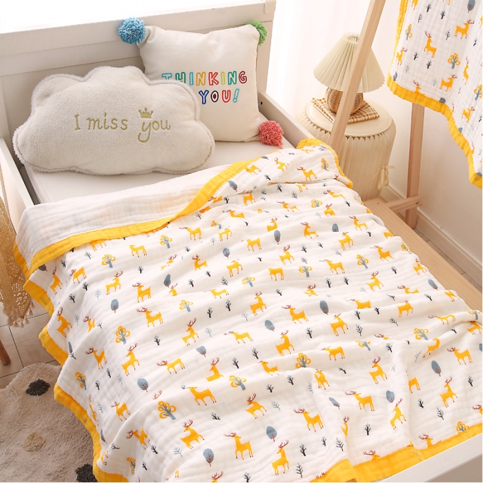 91家纺网 家纺一手货源 找家纺 朴尔 2021年婴幼儿泡泡纱全棉六层纱布盖毯浴巾 梅花鹿