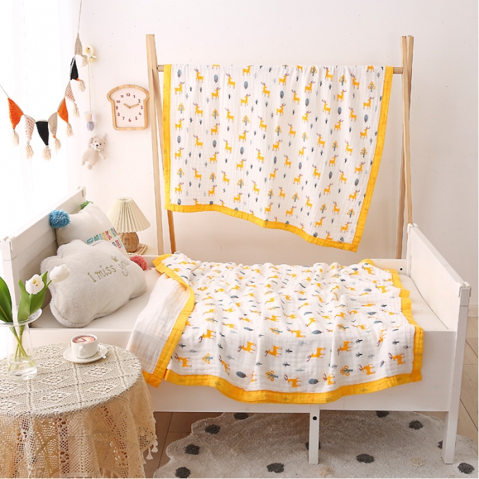 91家纺网 家纺一手货源 找家纺 朴尔 2021年婴幼儿泡泡纱全棉六层纱布盖毯浴巾 梅花鹿