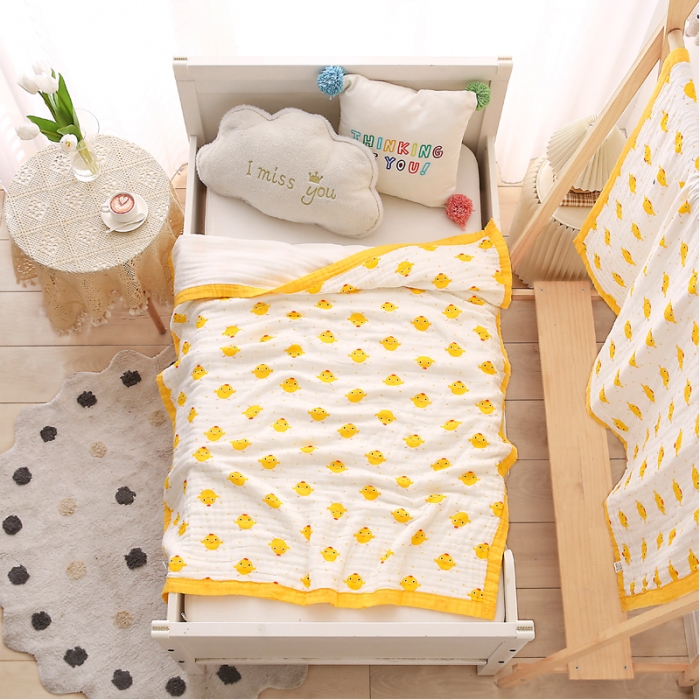 91家纺网 家纺一手货源 找家纺 朴尔 2021年婴幼儿泡泡纱全棉六层纱布盖毯浴巾 小黄萌鸡