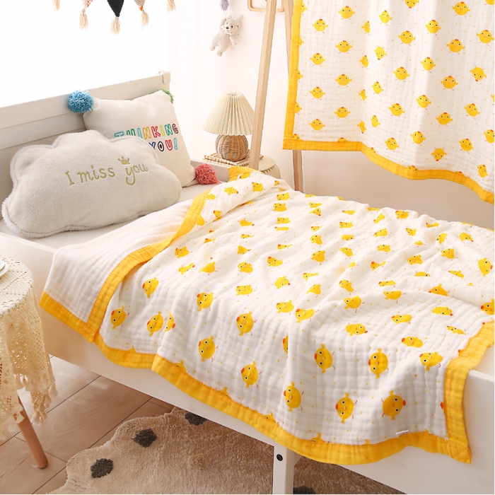 91家纺网 家纺一手货源 找家纺 朴尔 2021年婴幼儿泡泡纱全棉六层纱布盖毯浴巾 小黄萌鸡