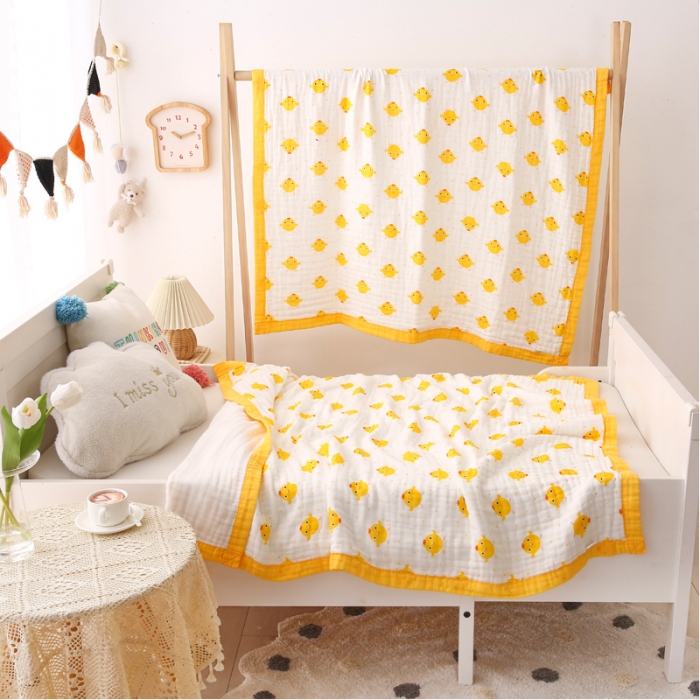 91家纺网 家纺一手货源 找家纺 朴尔 2021年婴幼儿泡泡纱全棉六层纱布盖毯浴巾 小黄萌鸡