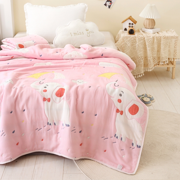 91家纺网 家纺一手货源 找家纺 朴尔 2020年新款全棉十层纱布加厚儿童盖被毛巾被 打伞的小象粉