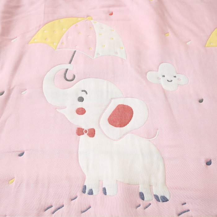 91家纺网 家纺一手货源 找家纺 朴尔 2020年新款全棉十层纱布加厚儿童盖被毛巾被 打伞的小象粉