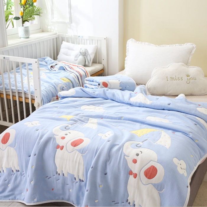 91家纺网 家纺一手货源 找家纺 朴尔 2020年新款全棉十层纱布加厚儿童盖被毛巾被 打伞的小象兰