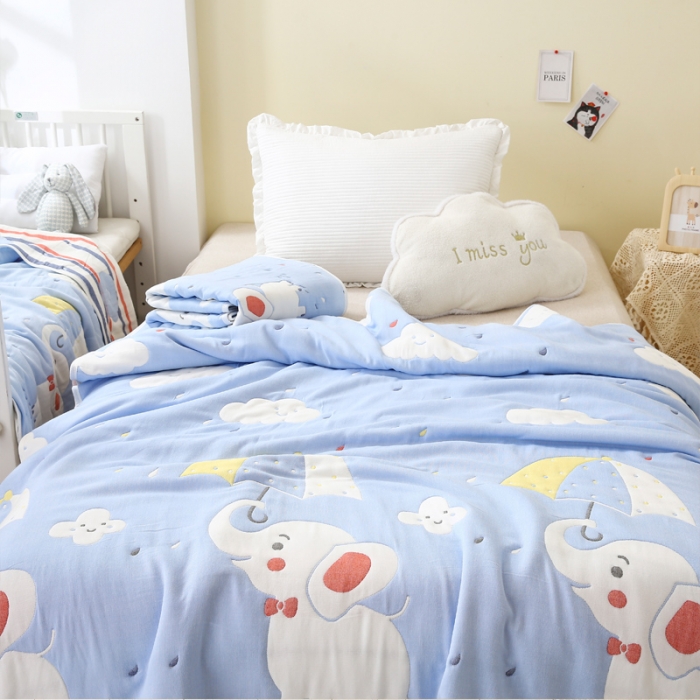 91家纺网 家纺一手货源 找家纺 朴尔 2020年新款全棉十层纱布加厚儿童盖被毛巾被 打伞的小象兰