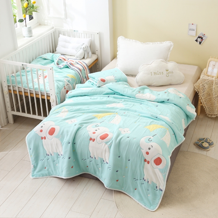 91家纺网 家纺一手货源 找家纺 朴尔 2020年新款全棉十层纱布加厚儿童盖被毛巾被 打伞的小象绿