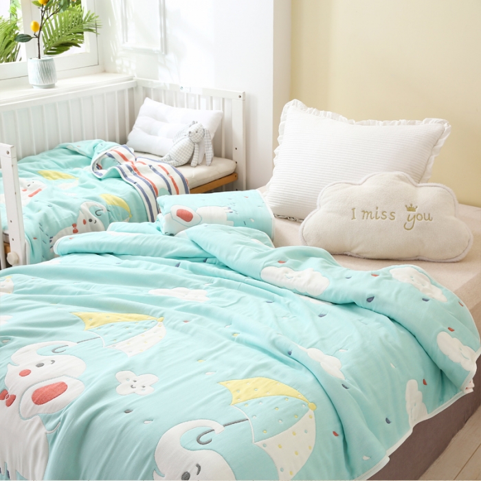 91家纺网 家纺一手货源 找家纺 朴尔 2020年新款全棉十层纱布加厚儿童盖被毛巾被 打伞的小象绿