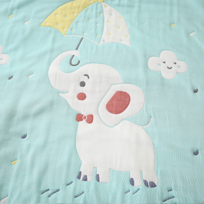 91家纺网 家纺一手货源 找家纺 朴尔 2020年新款全棉十层纱布加厚儿童盖被毛巾被 打伞的小象绿
