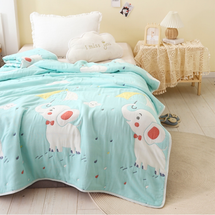 91家纺网 家纺一手货源 找家纺 朴尔 2020年新款全棉十层纱布加厚儿童盖被毛巾被 打伞的小象绿