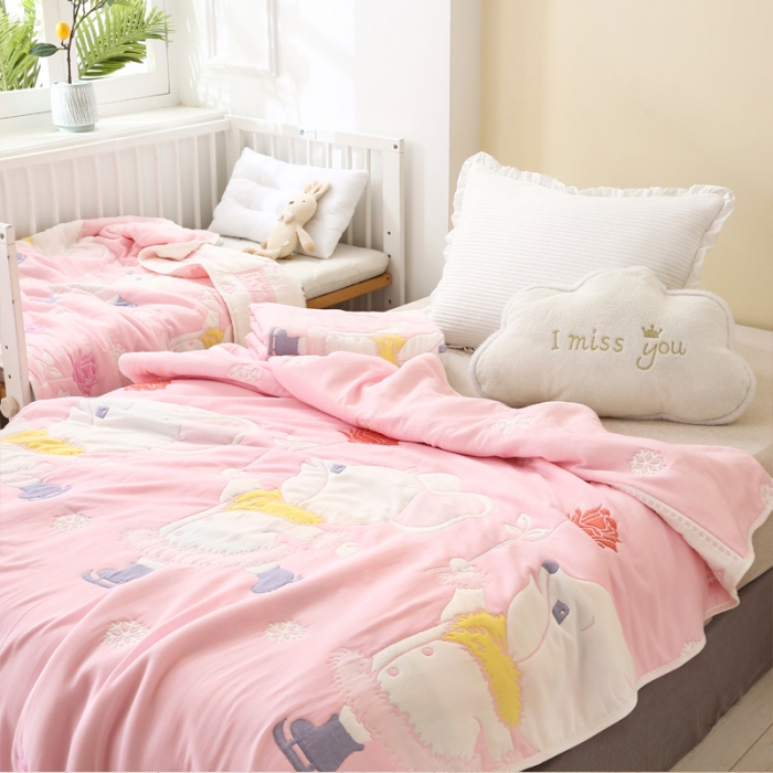 91家纺网 家纺一手货源 找家纺 朴尔 2020年新款全棉十层纱布加厚儿童盖被毛巾被 溜冰鼠粉