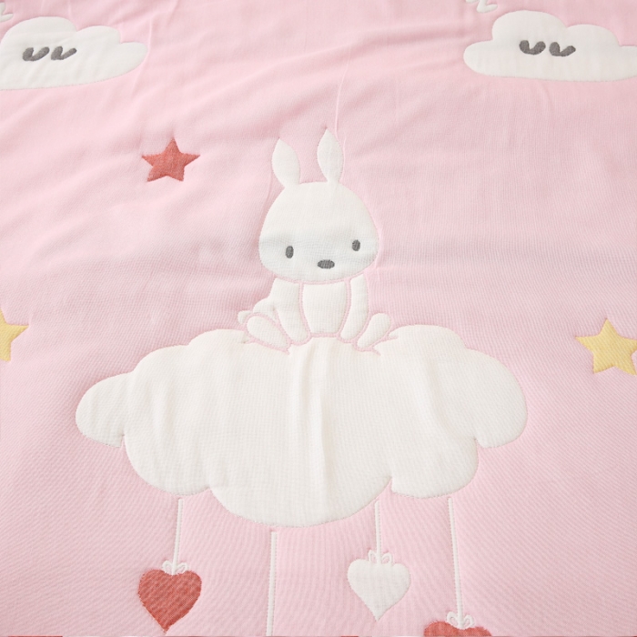 91家纺网 家纺一手货源 找家纺 朴尔 2020年新款全棉十层纱布加厚儿童盖被毛巾被 云朵兔粉