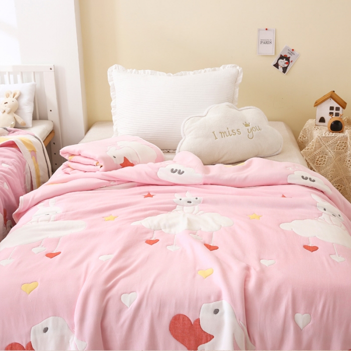 91家纺网 家纺一手货源 找家纺 朴尔 2020年新款全棉十层纱布加厚儿童盖被毛巾被 云朵兔粉