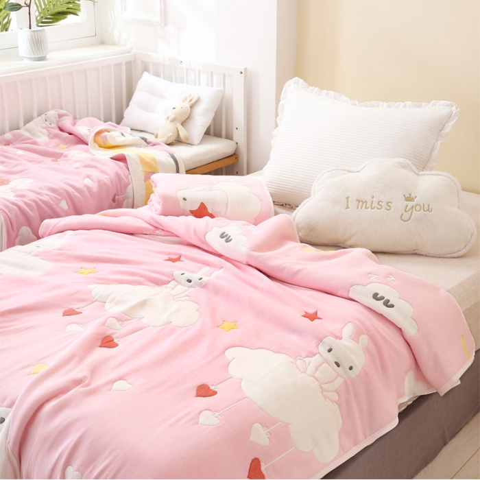 91家纺网 家纺一手货源 找家纺 朴尔 2020年新款全棉十层纱布加厚儿童盖被毛巾被 云朵兔粉