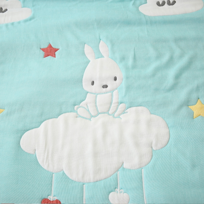 91家纺网 家纺一手货源 找家纺 朴尔 2020年新款全棉十层纱布加厚儿童盖被毛巾被 云朵兔绿