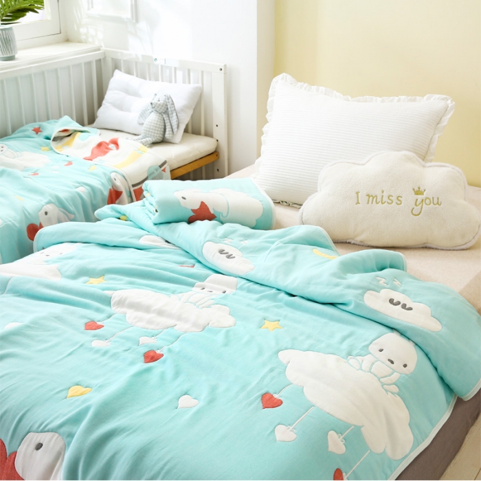 91家纺网 家纺一手货源 找家纺 朴尔 2020年新款全棉十层纱布加厚儿童盖被毛巾被 云朵兔绿