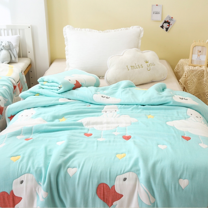 91家纺网 家纺一手货源 找家纺 朴尔 2020年新款全棉十层纱布加厚儿童盖被毛巾被 云朵兔绿