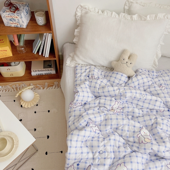 91家纺网 家纺一手货源 找家纺 星期八 2021新款大豆针织春秋被冬被蓝格小兔