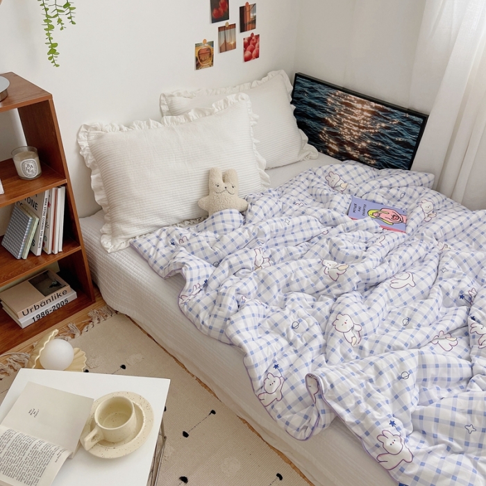 91家纺网 家纺一手货源 找家纺 星期八 2021新款大豆针织春秋被冬被蓝格小兔