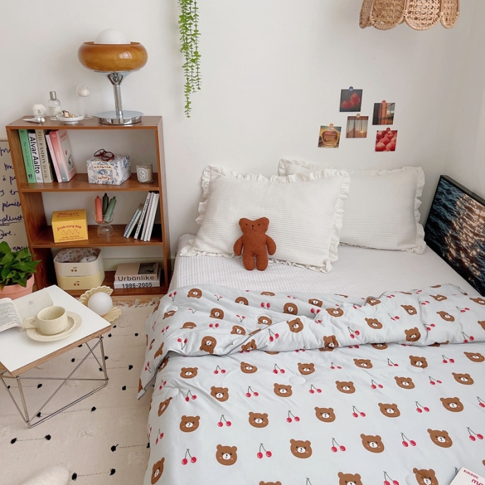 91家纺网 家纺一手货源 找家纺 星期八 2021新款大豆针织春秋被冬被樱桃熊浅蓝