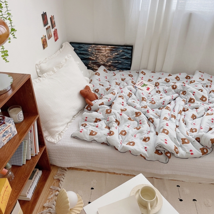 91家纺网 家纺一手货源 找家纺 星期八 2021新款大豆针织春秋被冬被樱桃熊浅蓝