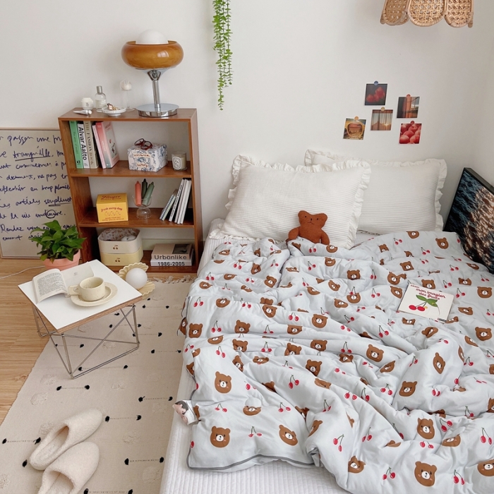 91家纺网 家纺一手货源 找家纺 星期八 2021新款大豆针织春秋被冬被樱桃熊浅蓝