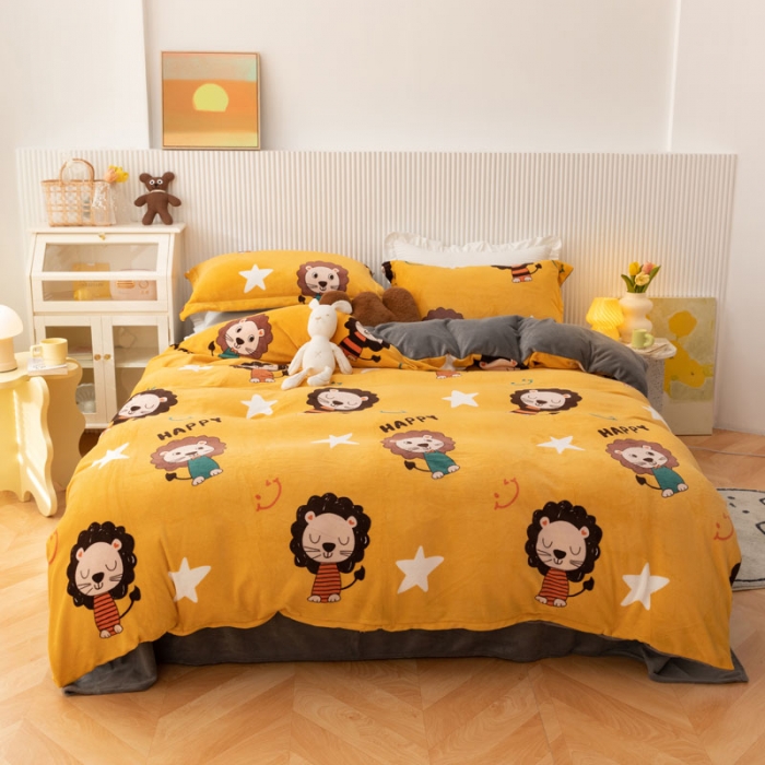 91家纺网 家纺一手货源 找家纺 梦家居 2021新品牛奶绒印花四件套 小狮子