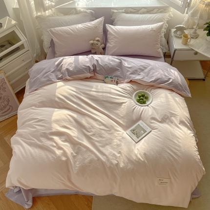 寐居 2021水洗色织全棉四件套 奶油玉+香芋紫