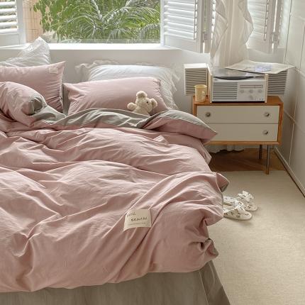 91家纺网 家纺一手货源 找家纺 寐居 2021水洗色织全棉四件套 浅豆沙+浅灰