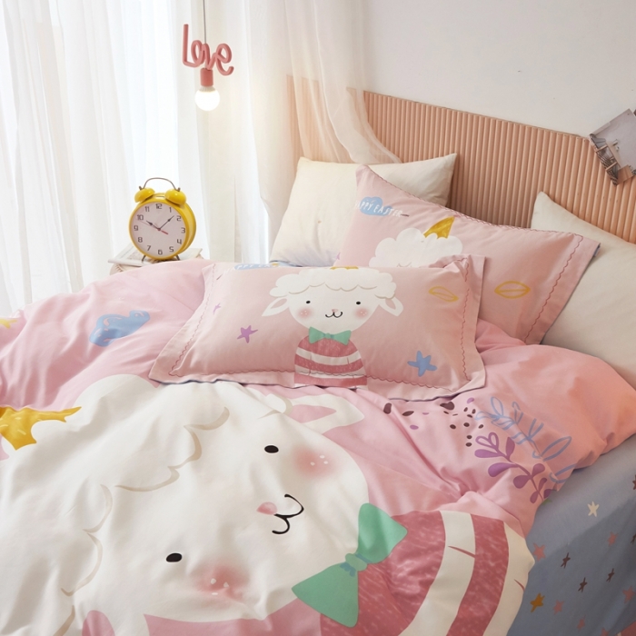 91家纺网 家纺一手货源 找家纺 威克凯丽 2023新款全棉活性生态磨毛四件套羊咩咩