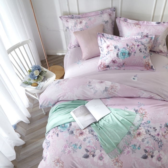 91家纺网 家纺一手货源 找家纺 威克凯丽 2023新款全棉活性生态磨毛四件套叶语瑶香（粉）