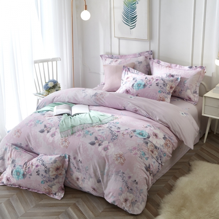 91家纺网 家纺一手货源 找家纺 威克凯丽 2023新款全棉活性生态磨毛四件套叶语瑶香（粉）