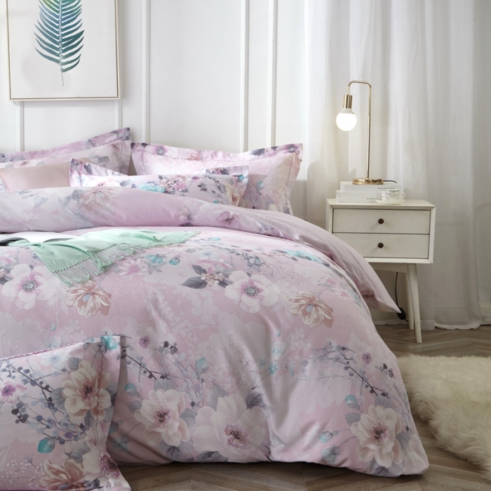 91家纺网 家纺一手货源 找家纺 威克凯丽 2023新款全棉活性生态磨毛四件套叶语瑶香（粉）