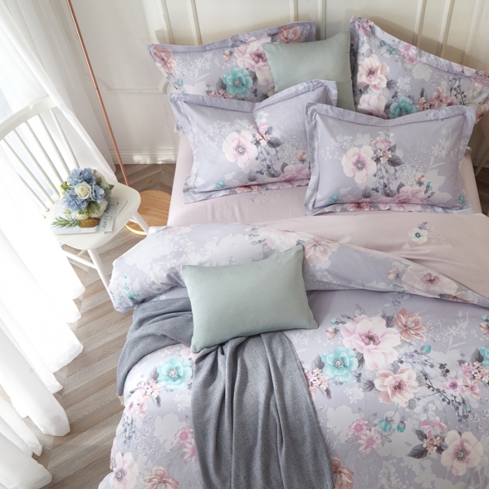 91家纺网 家纺一手货源 找家纺 威克凯丽 2023新款全棉活性生态磨毛四件套叶语瑶香（浅灰）