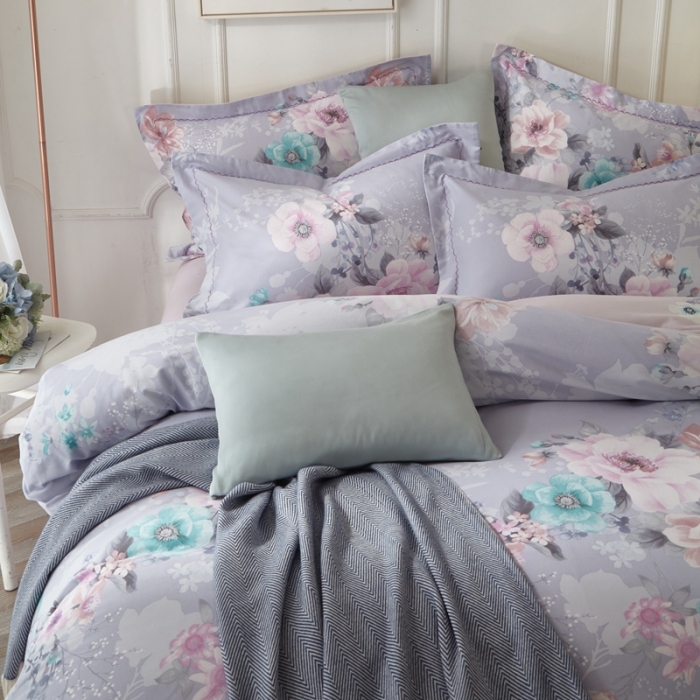 91家纺网 家纺一手货源 找家纺 威克凯丽 2023新款全棉活性生态磨毛四件套叶语瑶香（浅灰）