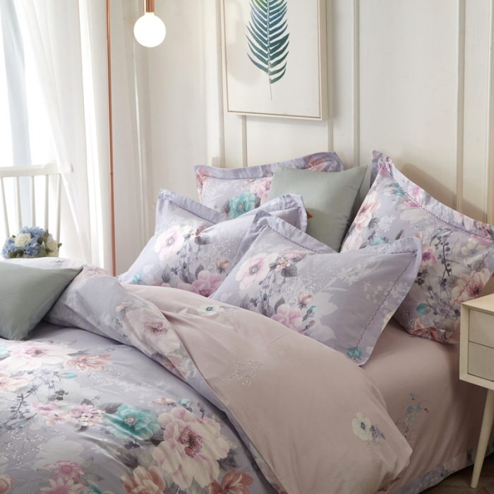 91家纺网 家纺一手货源 找家纺 威克凯丽 2023新款全棉活性生态磨毛四件套叶语瑶香（浅灰）