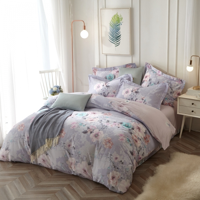 91家纺网 家纺一手货源 找家纺 威克凯丽 2023新款全棉活性生态磨毛四件套叶语瑶香（浅灰）