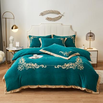 91家纺网 家纺一手货源 找家纺 22新款保暖加厚牛奶绒四件套宝宝绒欧尚刺绣四件套欧典宝石绿